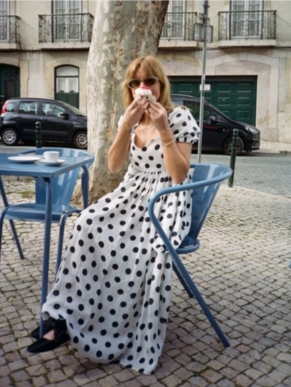 Sleeper 100% linen picnic dress in polka dot, large